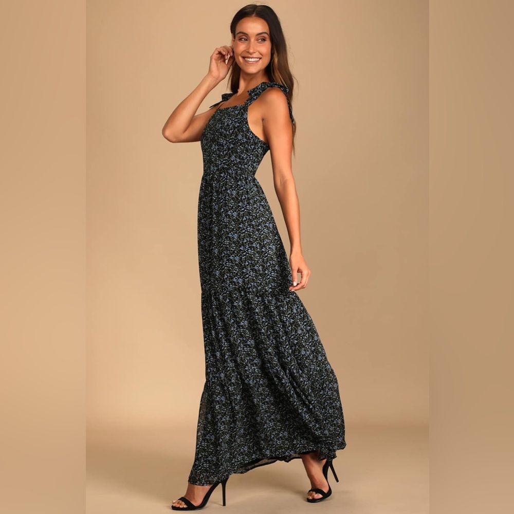 Lulu's Black & Blue Ditsy Floral Print Tie-Strap Tiered S Maxi Dress Cottagecore